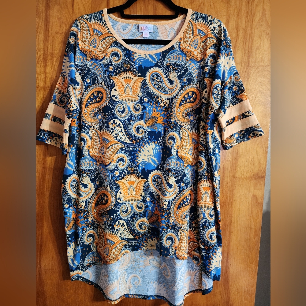 LuLaRoe Blue and Orange Paisley Irma Tee Size Small